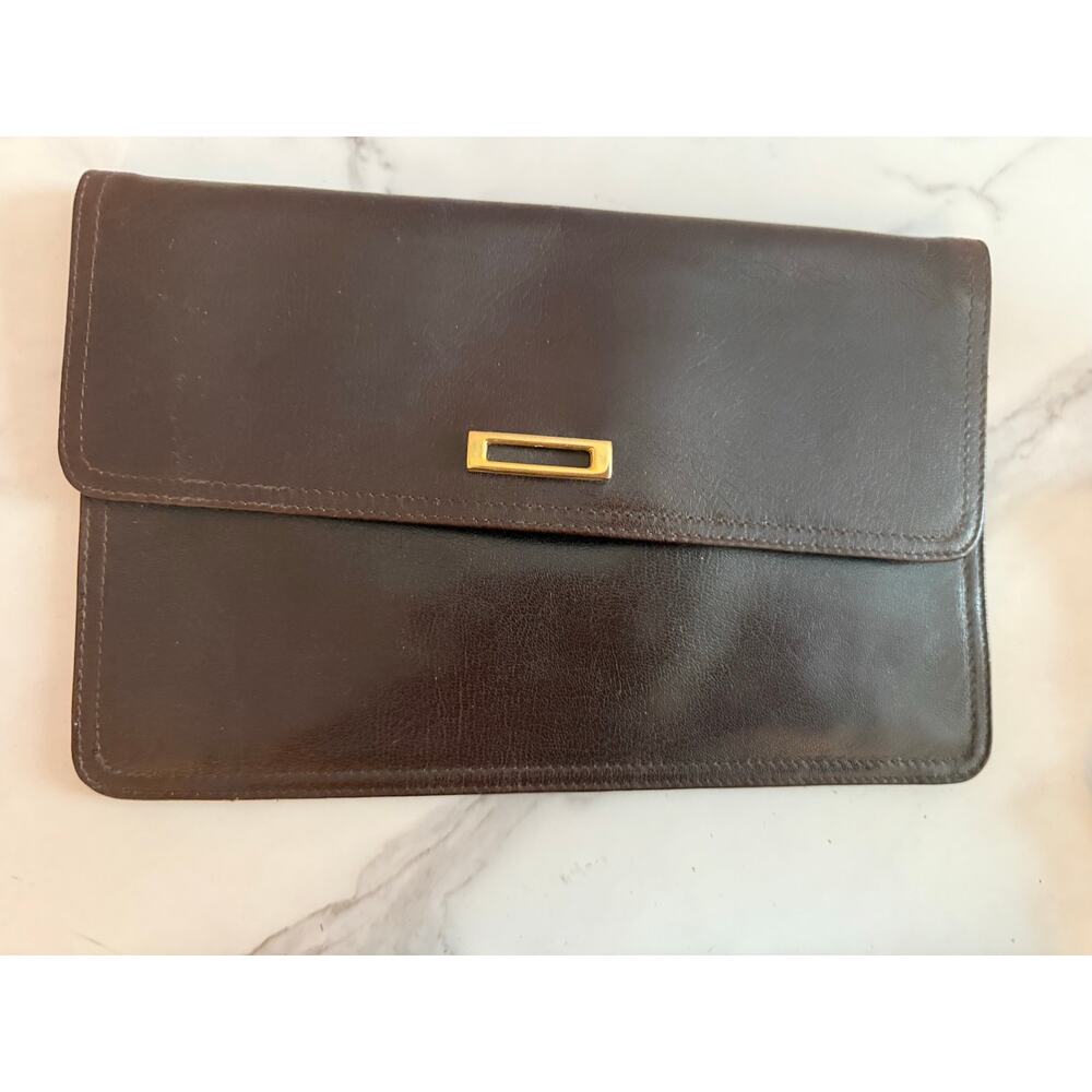 Vintage Genuine Leather Made In Italy Brown Clutch Bag Gold Hardware